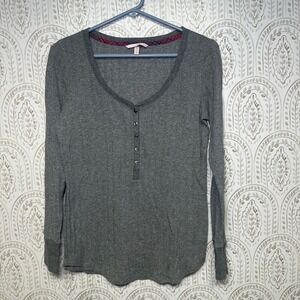 Victorias Secret Gray Ribbed‎ Sparkle Henley Long Sleeve Top Womens LG short